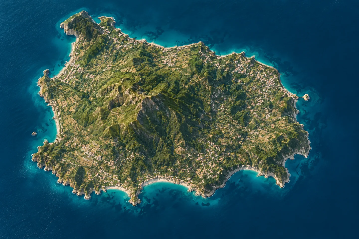 Illustrazione aerea di Ischia, con rilievi verdi e mare turchese. Non è una ripresa dal vivo.
